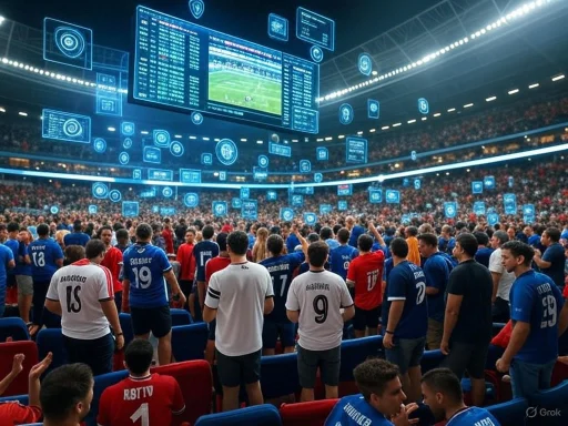 Crowd of spectators watching a soccer match on a large screen in a stadium with digital graphics overlay.