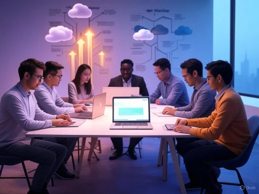 A diverse group of professionals in a modern conference room engaged in a meeting, with cloud and upward arrow graphics on the wall.