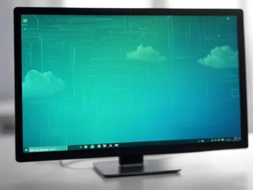 A modern computer monitor displaying a digital, cloud-themed interface with circuit-like graphics. A modern computer monitor displaying a digital, cloud-themed interface with circuit-like graphics.