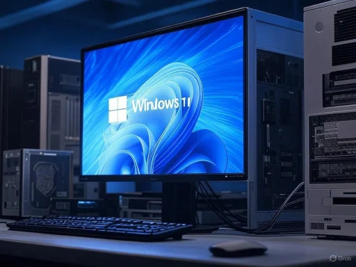 A computer with a Windows 11 screen in a server room setting. A computer with a Windows 11 screen in a server room setting.