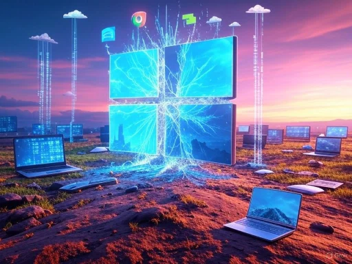 Futuristic digital landscape with laptops, cloud icons, and lightning connecting screens at sunset.