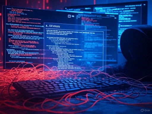 A hacker working at a computer with multiple screens, surrounded by tangled red wires in a dark, high-tech environment. A hacker working at a computer with multiple screens, surrounded by tangled red wires in a dark, high-tech environment.
