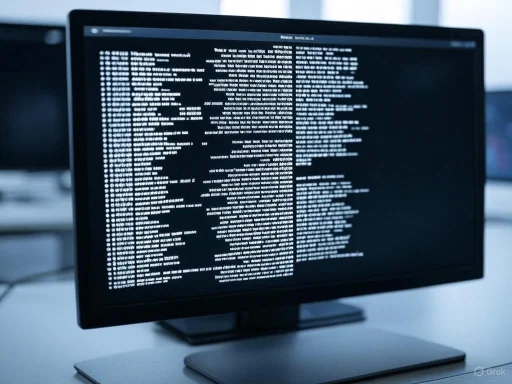 A computer monitor displays a screen filled with lines of white encrypted or coded text on a dark background. A computer monitor displays a screen filled with lines of white encrypted or coded text on a dark background.