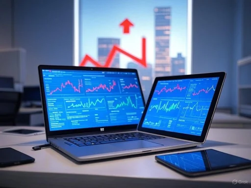 Financial data displayed on multiple screens with upward trend graph in the background. Financial data displayed on multiple screens with upward trend graph in the background.