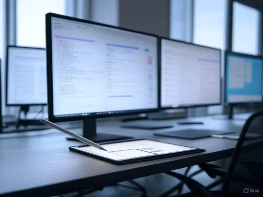 Multiple computer monitors display spreadsheets and documents in a dimly lit office.