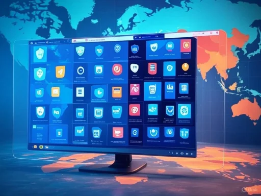 A computer monitor displaying various app icons against a world map background.