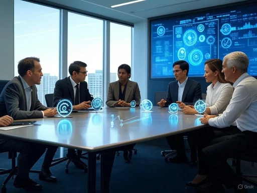 Business team discussing digital data and futuristic technology concepts in a high-tech conference room.