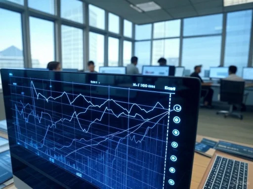 Data analysis on a futuristic digital screen in a modern office with multiple employees at their computers.