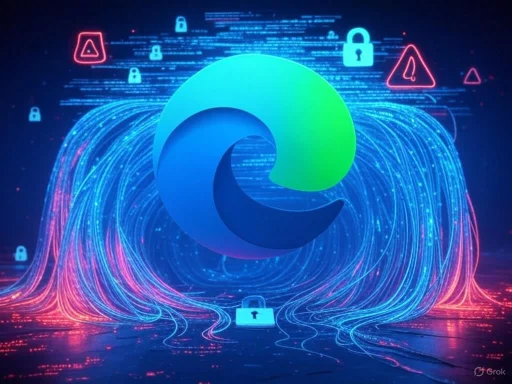 A digital illustration of the Microsoft Edge logo surrounded by futuristic security icons and colorful data streams.