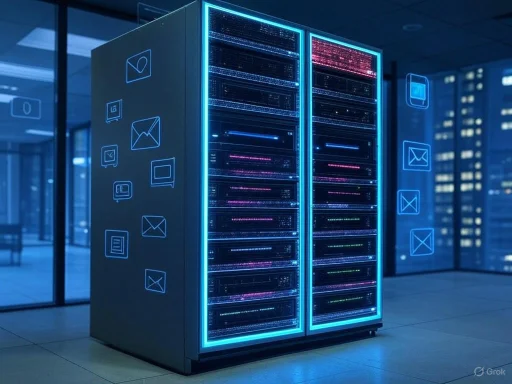 A data server in a modern data center with digital icons of email, documents, and screens displayed beside it. A data server in a modern data center with digital icons of email, documents, and screens displayed beside it.