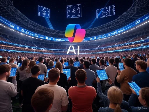 A large crowd watches a futuristic AI-themed event inside a stadium with holographic displays and digital devices.