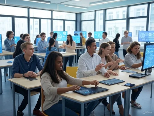 A diverse group of students in a modern classroom using computers for learning activities. A diverse group of students in a modern classroom using computers for learning activities.