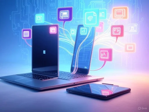 Multiple digital devices interconnected with glowing app icons and data streams, symbolizing modern technology integration.