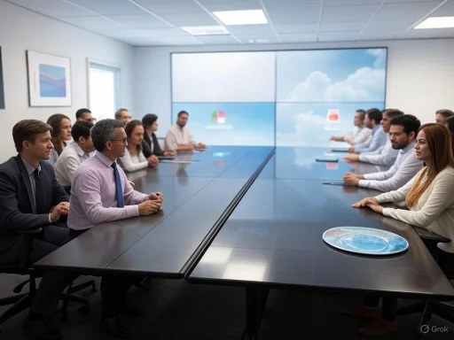 Business meeting or conference with people seated at a large, modern table in a high-tech office.