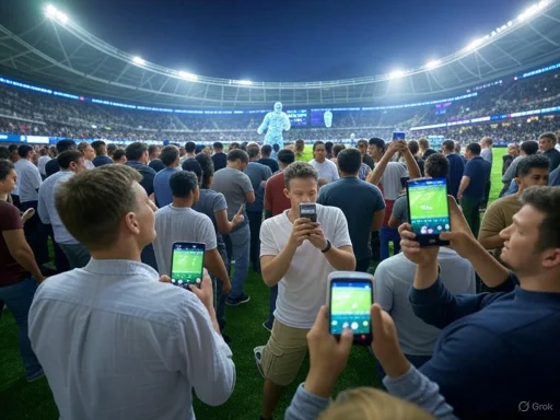 Crowd of spectators recording a large stadium event with their smartphones during a game or concert.