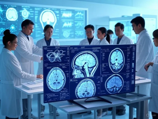 Medical professionals analyzing brain scan images in a high-tech research or hospital environment.