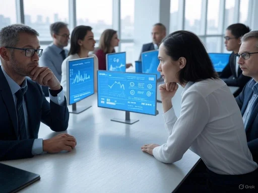 Business professionals engaged in a serious meeting with data charts on screens in a modern office.