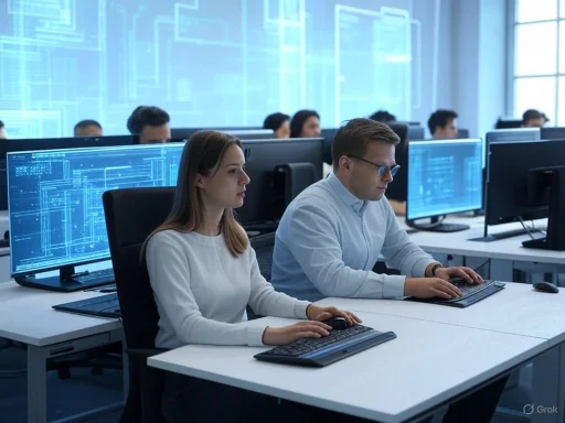 People working on computers in a high-tech, modern office environment with multiple screens and digital blueprints.
