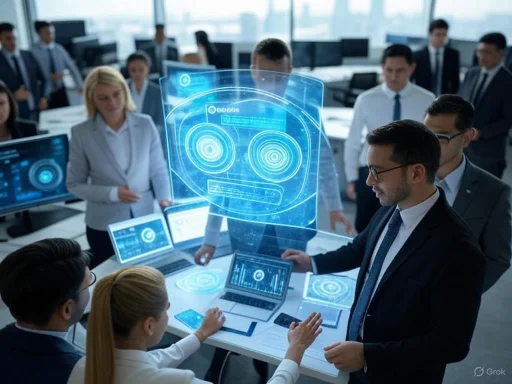 Business team discussing holographic data projections in a modern office conference room.