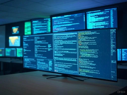 Multiple monitors display complex code and data in a high-tech control or cybersecurity room. Multiple monitors display complex code and data in a high-tech control or cybersecurity room.