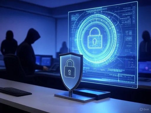 A holographic security icon displayed on a screen, with silhouettes of people working in a dark, high-tech cybersecurity environment.
