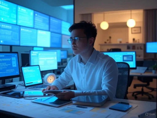A person working on a computer in a dark room with multiple screens displaying blue data. A person working on a computer in a dark room with multiple screens displaying blue data.