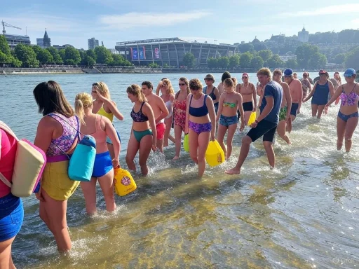 People wading into the water at a beach or lakeside on a sunny day, with a cityscape and stadium in the background.