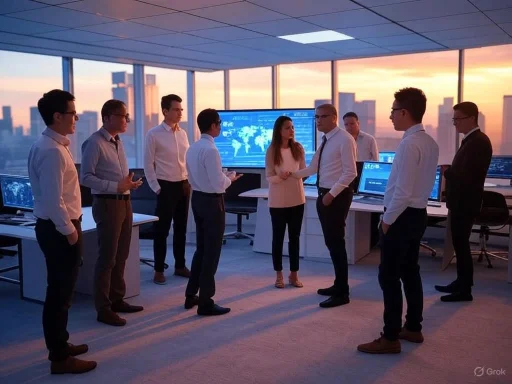 A group of business professionals are having a discussion in a high-rise office during sunset.