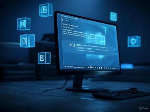 A computer monitor displaying a cybersecurity or digital data interface with floating holographic icons.