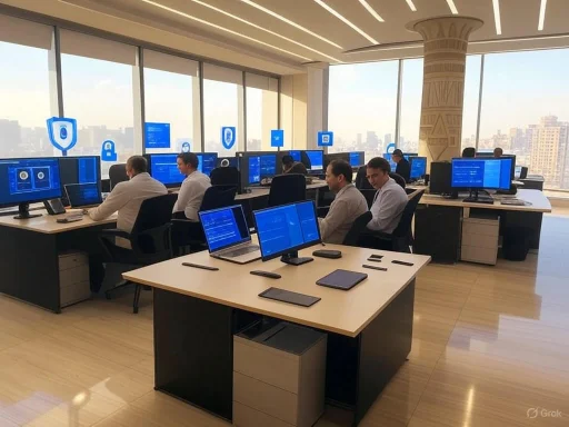 Office workers working at desks with multiple computer screens in a bright, modern office with large windows.