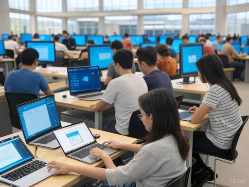 Students working on laptops in a computer lab or classroom, engaged in a learning or testing session.