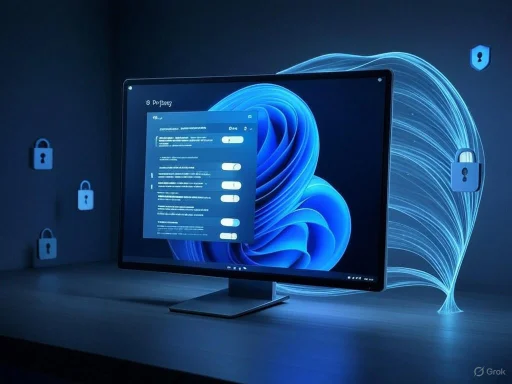 A computer monitor displays security settings with padlock icons and digital content, symbolizing cybersecurity.