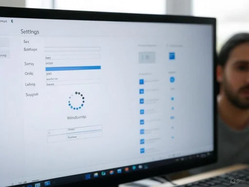 A person sitting next to a computer monitor displaying a settings menu on a digital interface.