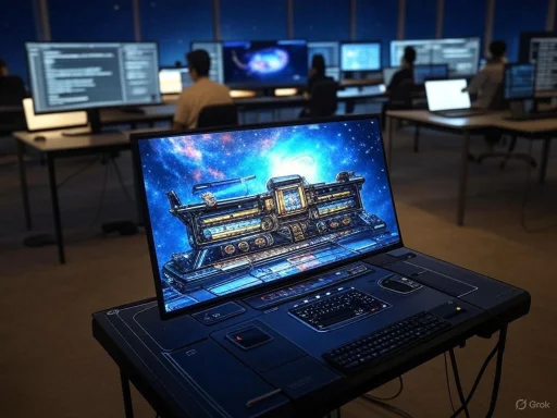 A futuristic computer with a spaceship image on the screen is set up in a room with multiple people working on monitors. A futuristic computer with a spaceship image on the screen is set up in a room with multiple people working on monitors.