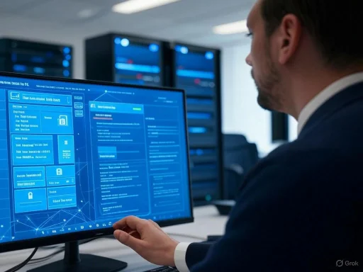 A man in a suit working on a blue-themed cybersecurity or data protection interface on a computer monitor.