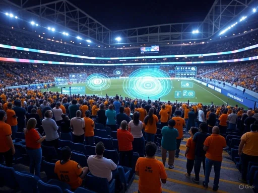 Crowd of fans watching a futuristic soccer game in a digital-enhanced stadium at night. Crowd of fans watching a futuristic soccer game in a digital-enhanced stadium at night.
