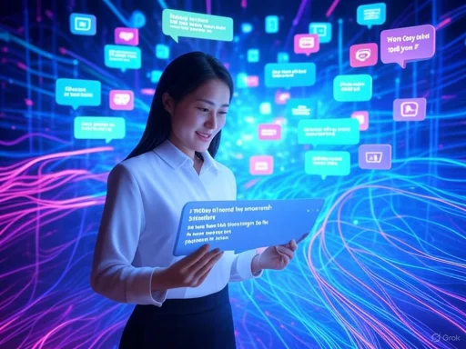 A woman interacts with a digital screen amidst a futuristic, colorful data network background.
