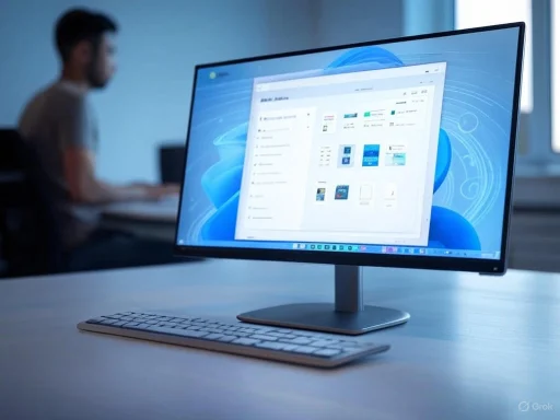 A computer monitor displays a desktop with various files, on a desk in a modern office.