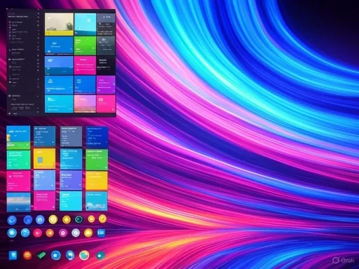 A computer desktop displays a colorful, abstract swirling background with two app windows open on the left side.