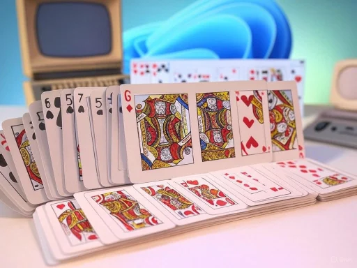 A deck of playing cards fanned out on a desk with a vintage computer and a telephone in the background.