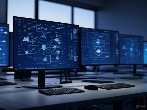 Multiple computer monitors display data visualizations and analytics in a modern, dimly lit office environment.