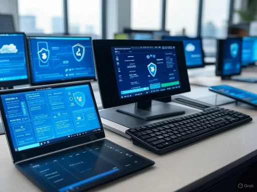 Multiple computer screens display cybersecurity and data protection dashboards in a modern office setting.