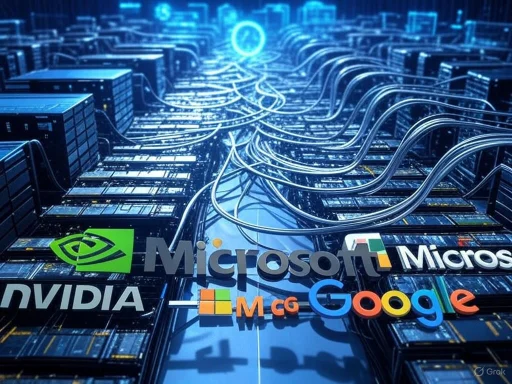 A digital data center with cables and logos of major tech companies like Nvidia, Microsoft, Google, and MicroSd.