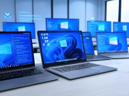 Several laptops displaying the Windows 11 desktop are arranged on a table in a modern office setting. Several laptops displaying the Windows 11 desktop are arranged on a table in a modern office setting.