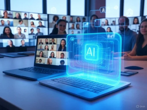 A group of diverse professionals participating in an AI and video conferencing meeting with virtual AI overlays.