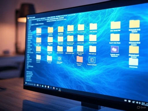 A computer monitor displays a desktop with numerous folders and files against a blue swirling background.