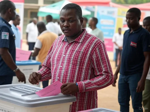 A man votes in an election at a polling station amidst other voters and election officials.