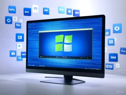 A computer monitor displays the Windows logo with digital icons floating in the background.