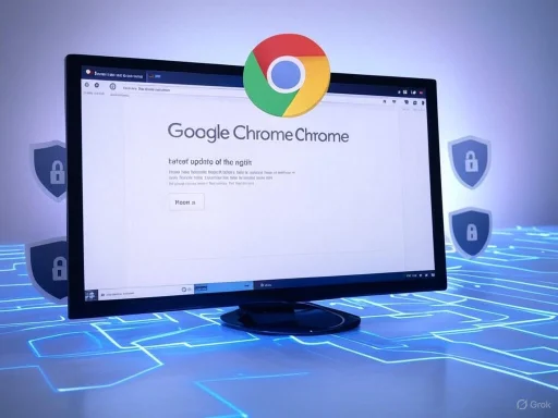 A computer monitor displays the Google Chrome browser with shield icons and digital security elements around it.