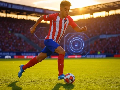 A young soccer player in a red and white striped jersey kicks a ball on a vibrant stadium field during sunset.